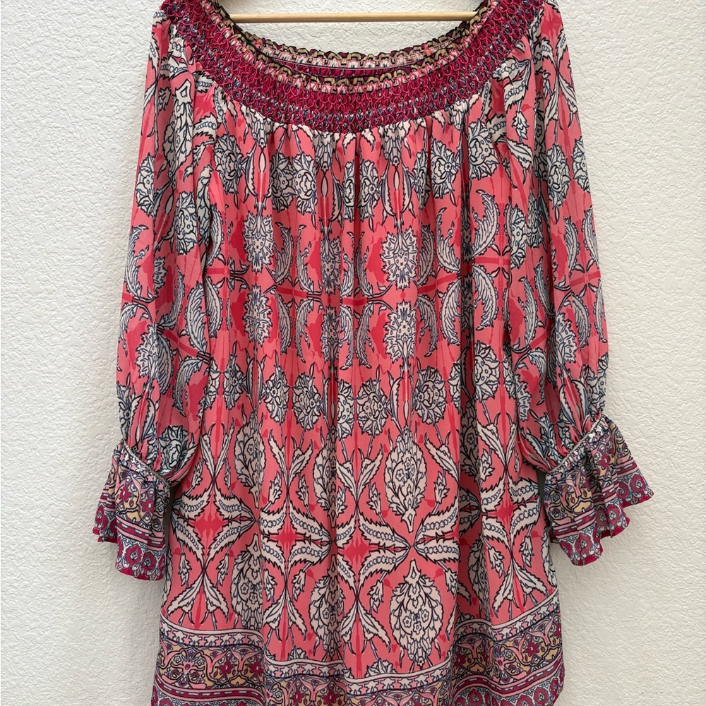 Boho Smocked Off-Shoulder Damask Mini Dress in Coral Pink